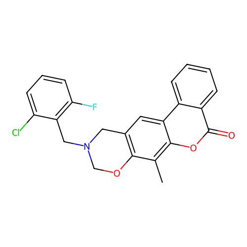 10-(2-chloro-6-fluorobenzyl)-7-methyl-10,11-dihydrobenzo[3,4]chromeno[6,7-e][1,3]oxazin-5(9H)-one structure