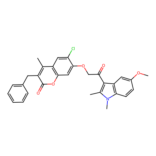 3-benzyl-6-chloro-7-(2-(5-methoxy-1,2-dimethyl-1H-indol-3-yl)-2-oxoethoxy)-4-methyl-2H-chromen-2-one structure