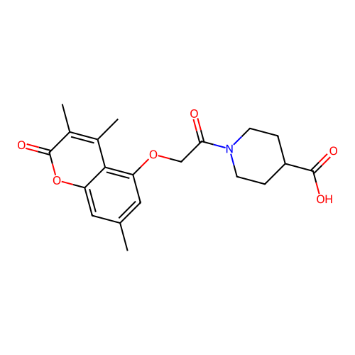 1-(2-((3,4,7-trimethyl-2-oxo-2H-chromen-5-yl)oxy)acetyl)piperidine-4-carboxylic acid structure