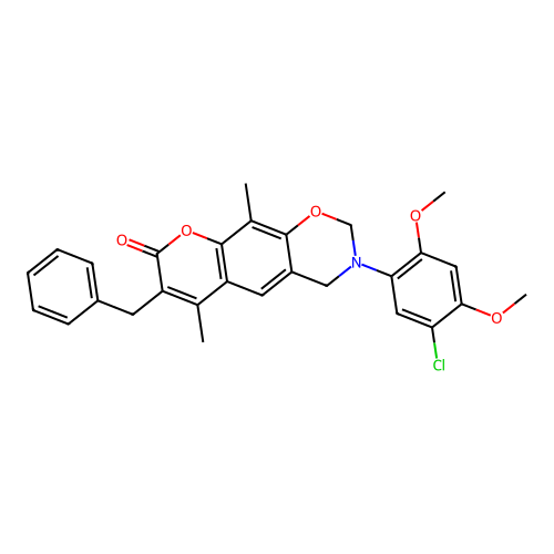 7-benzyl-3-(5-chloro-2,4-dimethoxyphenyl)-6,10-dimethyl-3,4-dihydrochromeno[6,7-e][1,3]oxazin-8(2H)-one structure