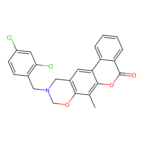 10-(2,4-dichlorobenzyl)-7-methyl-10,11-dihydrobenzo[3,4]chromeno[6,7-e][1,3]oxazin-5(9H)-one structure