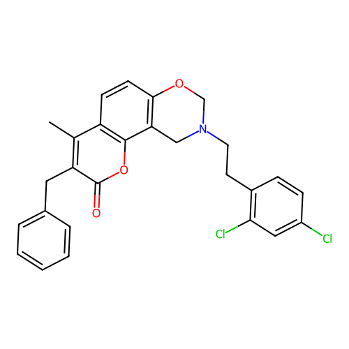 3-benzyl-9-(2,4-dichlorophenethyl)-4-methyl-9,10-dihydrochromeno[8,7-e][1,3]oxazin-2(8H)-one structure