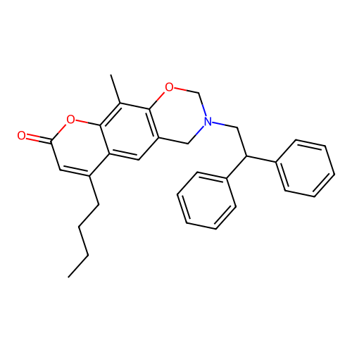 6-butyl-3-(2,2-diphenylethyl)-10-methyl-3,4-dihydrochromeno[6,7-e][1,3]oxazin-8(2H)-one structure