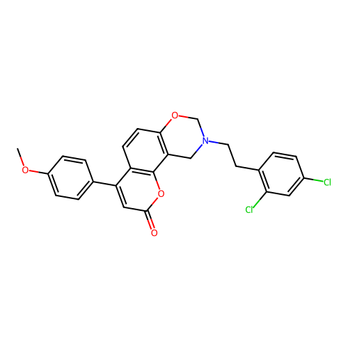 9-(2,4-dichlorophenethyl)-4-(4-methoxyphenyl)-9,10-dihydrochromeno[8,7-e][1,3]oxazin-2(8H)-one structure