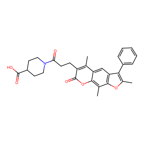 1-(3-(2,5,9-trimethyl-7-oxo-3-phenyl-7H-furo[3,2-g]chromen-6-yl)propanoyl)piperidine-4-carboxylic acid structure