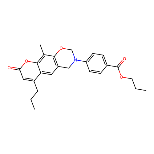 propyl 4-(10-methyl-8-oxo-6-propylchromeno[6,7-e][1,3]oxazin-3(2H,4H,8H)-yl)benzoate structure