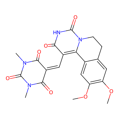 5-((2-hydroxy-9,10-dimethoxy-4-oxo-6,7-dihydro-4H-pyrimido[6,1-a]isoquinolin-1-yl)methylene)-1,3-dimethylpyrimidine-2,4,6(1H,3H,5H)-trione structure