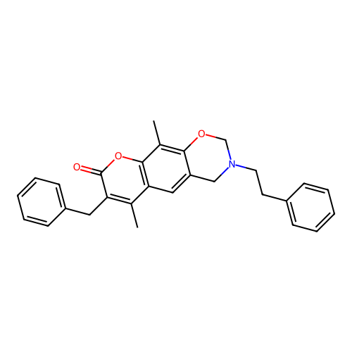 7-benzyl-6,10-dimethyl-3-phenethyl-3,4-dihydrochromeno[6,7-e][1,3]oxazin-8(2H)-one structure