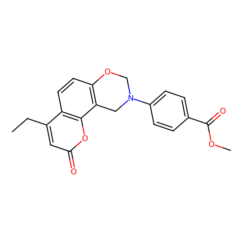 methyl 4-(4-ethyl-2-oxochromeno[8,7-e][1,3]oxazin-9(2H,8H,10H)-yl)benzoate structure