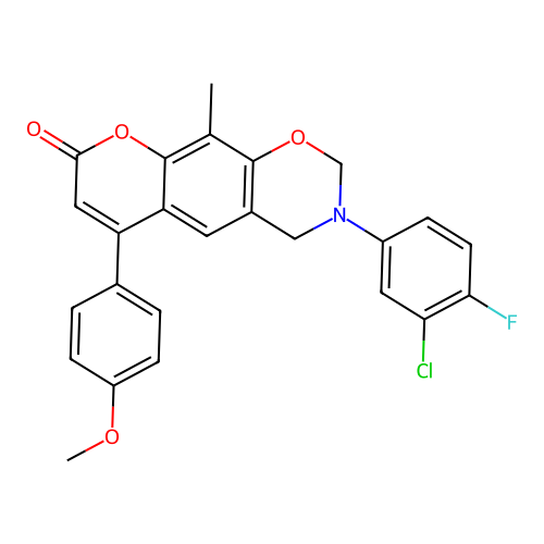 3-(3-chloro-4-fluorophenyl)-6-(4-methoxyphenyl)-10-methyl-3,4-dihydrochromeno[6,7-e][1,3]oxazin-8(2H)-one structure