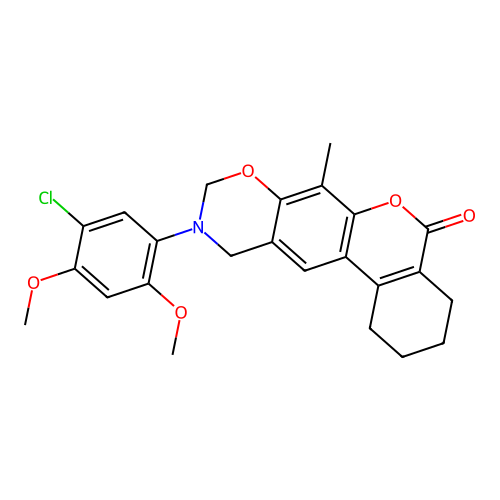 10-(5-chloro-2,4-dimethoxyphenyl)-7-methyl-1,2,3,4,10,11-hexahydrobenzo[3,4]chromeno[6,7-e][1,3]oxazin-5(9H)-one structure