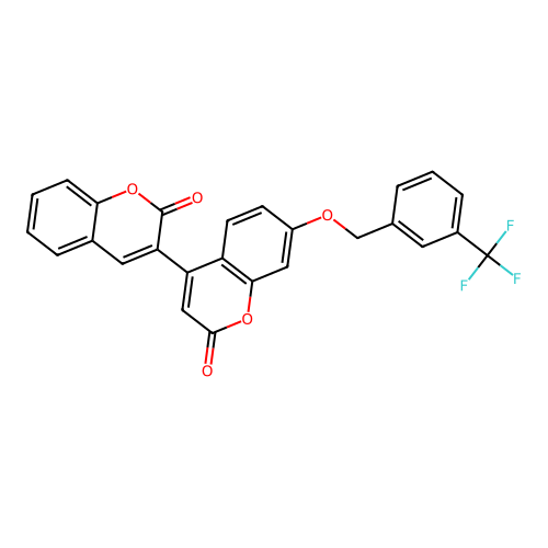 7'-((3-(trifluoromethyl)benzyl)oxy)-2H,2'H-[3,4'-bichromene]-2,2'-dione structure