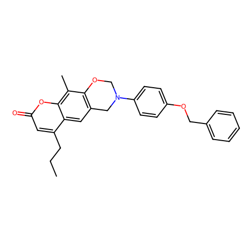 3-(4-(benzyloxy)phenyl)-10-methyl-6-propyl-3,4-dihydrochromeno[6,7-e][1,3]oxazin-8(2H)-one structure