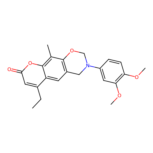 3-(3,4-dimethoxyphenyl)-6-ethyl-10-methyl-3,4-dihydrochromeno[6,7-e][1,3]oxazin-8(2H)-one structure