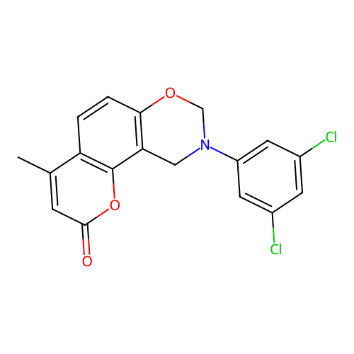 9-(3,5-dichlorophenyl)-4-methyl-9,10-dihydrochromeno[8,7-e][1,3]oxazin-2(8H)-one structure