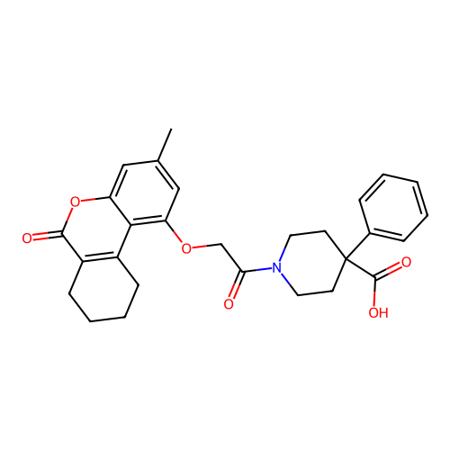 1-(2-((3-methyl-6-oxo-7,8,9,10-tetrahydro-6H-benzo[c]chromen-1-yl)oxy)acetyl)-4-phenylpiperidine-4-carboxylic acid structure
