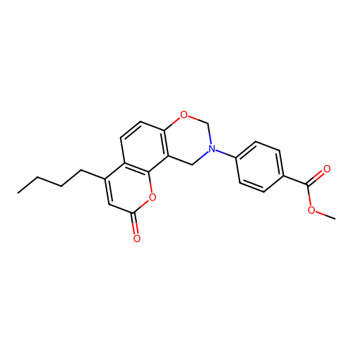 methyl 4-(4-butyl-2-oxochromeno[8,7-e][1,3]oxazin-9(2H,8H,10H)-yl)benzoate structure