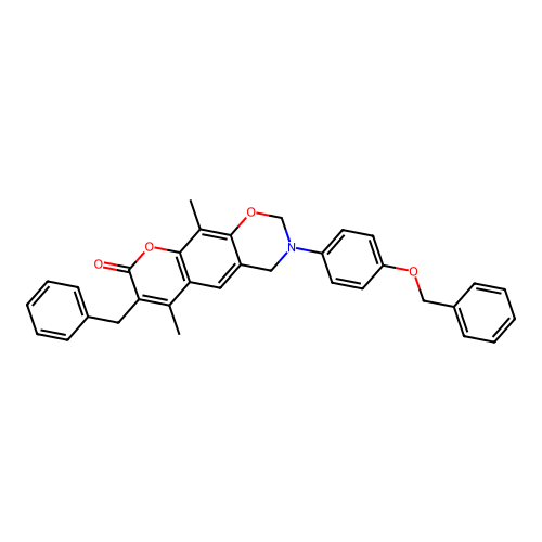 7-benzyl-3-(4-(benzyloxy)phenyl)-6,10-dimethyl-3,4-dihydrochromeno[6,7-e][1,3]oxazin-8(2H)-one structure