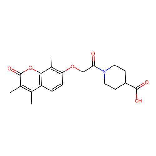 1-(2-((3,4,8-trimethyl-2-oxo-2H-chromen-7-yl)oxy)acetyl)piperidine-4-carboxylic acid structure