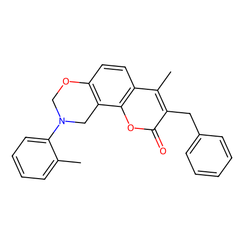 3-benzyl-4-methyl-9-(o-tolyl)-9,10-dihydrochromeno[8,7-e][1,3]oxazin-2(8H)-one structure
