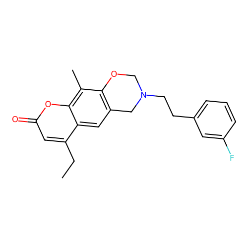 6-ethyl-3-(3-fluorophenethyl)-10-methyl-3,4-dihydrochromeno[6,7-e][1,3]oxazin-8(2H)-one structure