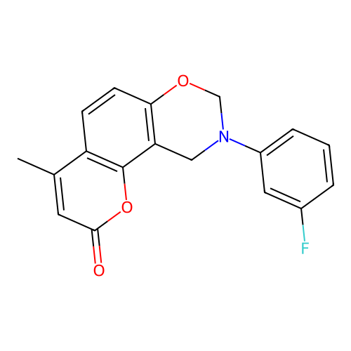 9-(3-fluorophenyl)-4-methyl-9,10-dihydrochromeno[8,7-e][1,3]oxazin-2(8H)-one structure