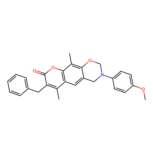7-benzyl-3-(4-methoxyphenyl)-6,10-dimethyl-3,4-dihydrochromeno[6,7-e][1,3]oxazin-8(2H)-one structure