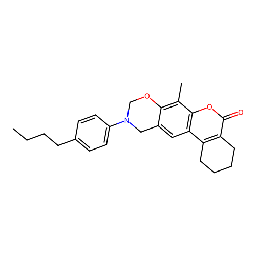 10-(4-butylphenyl)-7-methyl-1,2,3,4,10,11-hexahydrobenzo[3,4]chromeno[6,7-e][1,3]oxazin-5(9H)-one structure