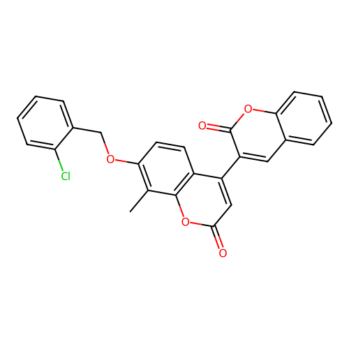7'-[(2-chlorobenzyl)oxy]-8'-methyl-2H,2'H-3,4'-bichromene-2,2'-dione structure
