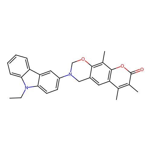 3-(9-ethyl-9H-carbazol-3-yl)-6,7,10-trimethyl-3,4-dihydrochromeno[6,7-e][1,3]oxazin-8(2H)-one structure
