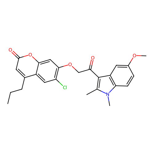 6-chloro-7-(2-(5-methoxy-1,2-dimethyl-1H-indol-3-yl)-2-oxoethoxy)-4-propyl-2H-chromen-2-one structure