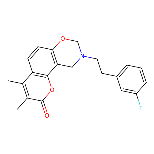 9-(3-fluorophenethyl)-3,4-dimethyl-9,10-dihydrochromeno[8,7-e][1,3]oxazin-2(8H)-one structure