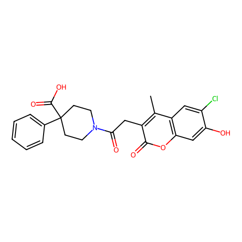 1-(2-(6-chloro-7-hydroxy-4-methyl-2-oxo-2H-chromen-3-yl)acetyl)-4-phenylpiperidine-4-carboxylic acid structure