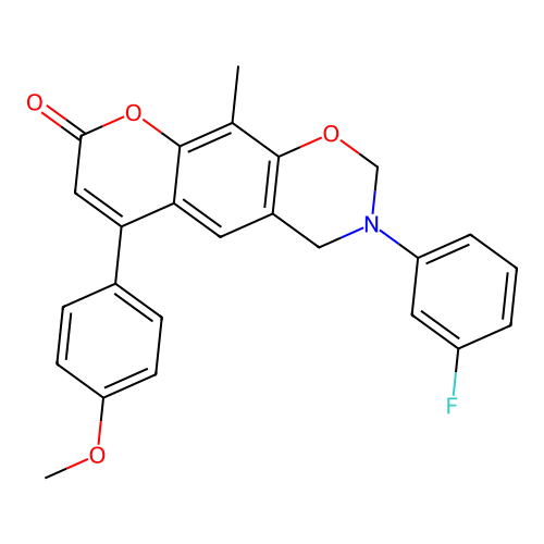 3-(3-fluorophenyl)-6-(4-methoxyphenyl)-10-methyl-3,4-dihydrochromeno[6,7-e][1,3]oxazin-8(2H)-one structure