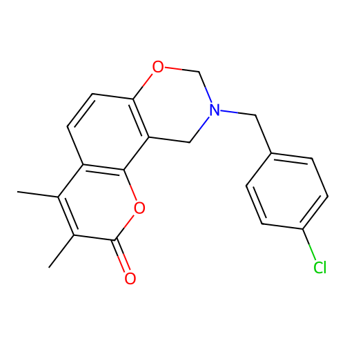9-(4-chlorobenzyl)-3,4-dimethyl-9,10-dihydrochromeno[8,7-e][1,3]oxazin-2(8H)-one structure