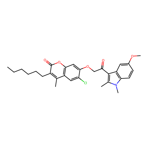6-chloro-3-hexyl-7-(2-(5-methoxy-1,2-dimethyl-1H-indol-3-yl)-2-oxoethoxy)-4-methyl-2H-chromen-2-one structure