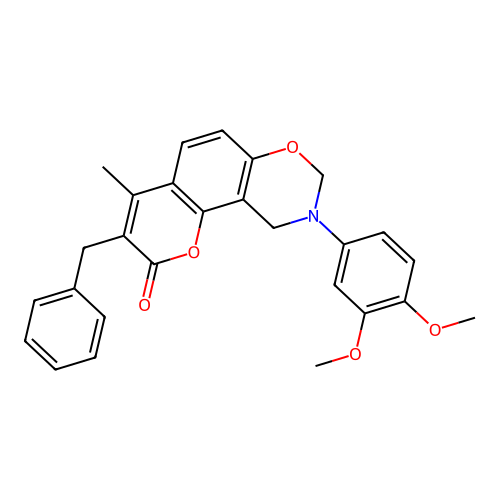 3-benzyl-9-(3,4-dimethoxyphenyl)-4-methyl-9,10-dihydrochromeno[8,7-e][1,3]oxazin-2(8H)-one structure