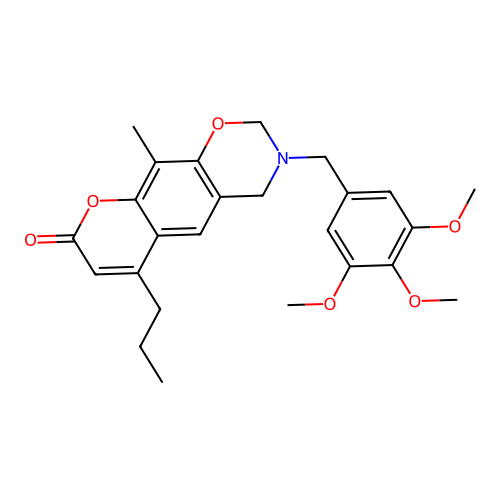 10-methyl-6-propyl-3-(3,4,5-trimethoxybenzyl)-3,4-dihydrochromeno[6,7-e][1,3]oxazin-8(2H)-one structure
