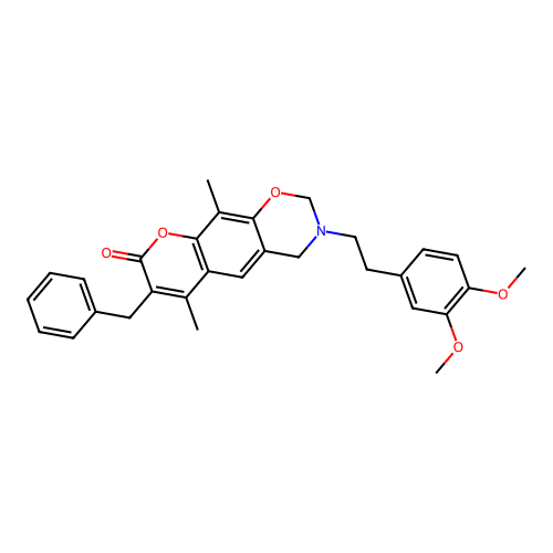 7-benzyl-3-(3,4-dimethoxyphenethyl)-6,10-dimethyl-3,4-dihydrochromeno[6,7-e][1,3]oxazin-8(2H)-one structure