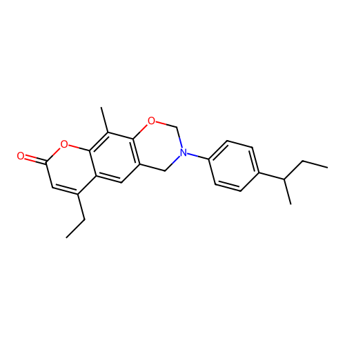 3-(4-(sec-butyl)phenyl)-6-ethyl-10-methyl-3,4-dihydrochromeno[6,7-e][1,3]oxazin-8(2H)-one structure