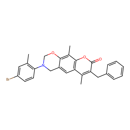 7-benzyl-3-(4-bromo-2-methylphenyl)-6,10-dimethyl-3,4-dihydrochromeno[6,7-e][1,3]oxazin-8(2H)-one structure