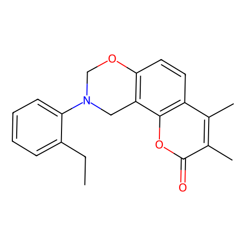 9-(2-ethylphenyl)-3,4-dimethyl-9,10-dihydrochromeno[8,7-e][1,3]oxazin-2(8H)-one structure