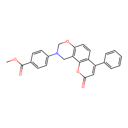 methyl 4-(2-oxo-4-phenyl-2H,8H-chromeno[8,7-e][1,3]oxazin-9(10H)-yl)benzoate structure