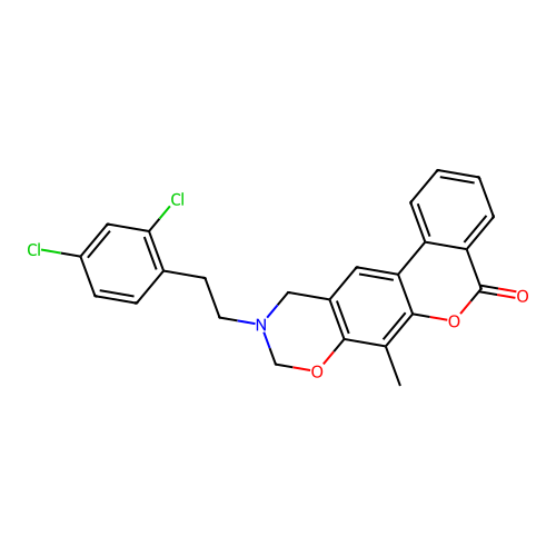 10-(2,4-dichlorophenethyl)-7-methyl-10,11-dihydrobenzo[3,4]chromeno[6,7-e][1,3]oxazin-5(9H)-one structure