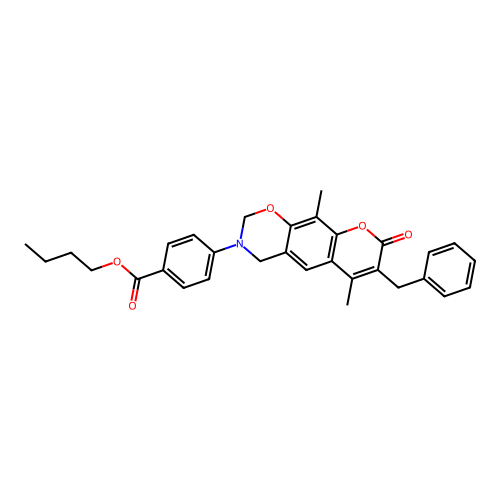 butyl 4-(7-benzyl-6,10-dimethyl-8-oxochromeno[6,7-e][1,3]oxazin-3(2H,4H,8H)-yl)benzoate structure