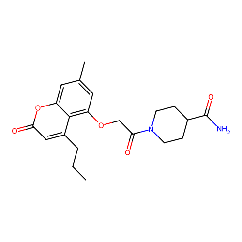 1-(2-((7-methyl-2-oxo-4-propyl-2H-chromen-5-yl)oxy)acetyl)piperidine-4-carboxamide structure