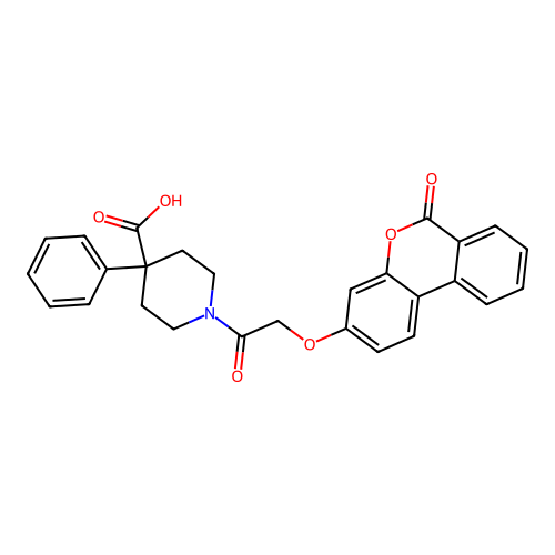 1-(2-((6-oxo-6H-benzo[c]chromen-3-yl)oxy)acetyl)-4-phenylpiperidine-4-carboxylic acid structure