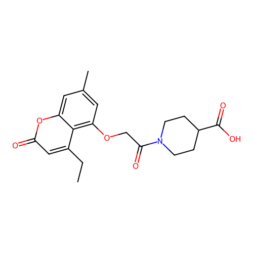 1-(2-((4-ethyl-7-methyl-2-oxo-2H-chromen-5-yl)oxy)acetyl)piperidine-4-carboxylic acid structure