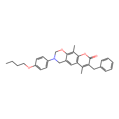 7-benzyl-3-(4-butoxyphenyl)-6,10-dimethyl-3,4-dihydrochromeno[6,7-e][1,3]oxazin-8(2H)-one structure