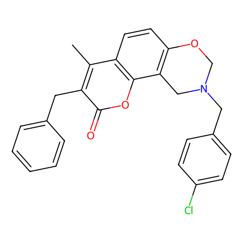 3-benzyl-9-(4-chlorobenzyl)-4-methyl-9,10-dihydrochromeno[8,7-e][1,3]oxazin-2(8H)-one structure